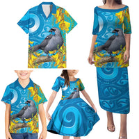 New Zealand Kokako Bird Family Matching Puletasi and Hawaiian Shirt Maori Koru With Kowhai Flowers LT05 - Polynesian Pride