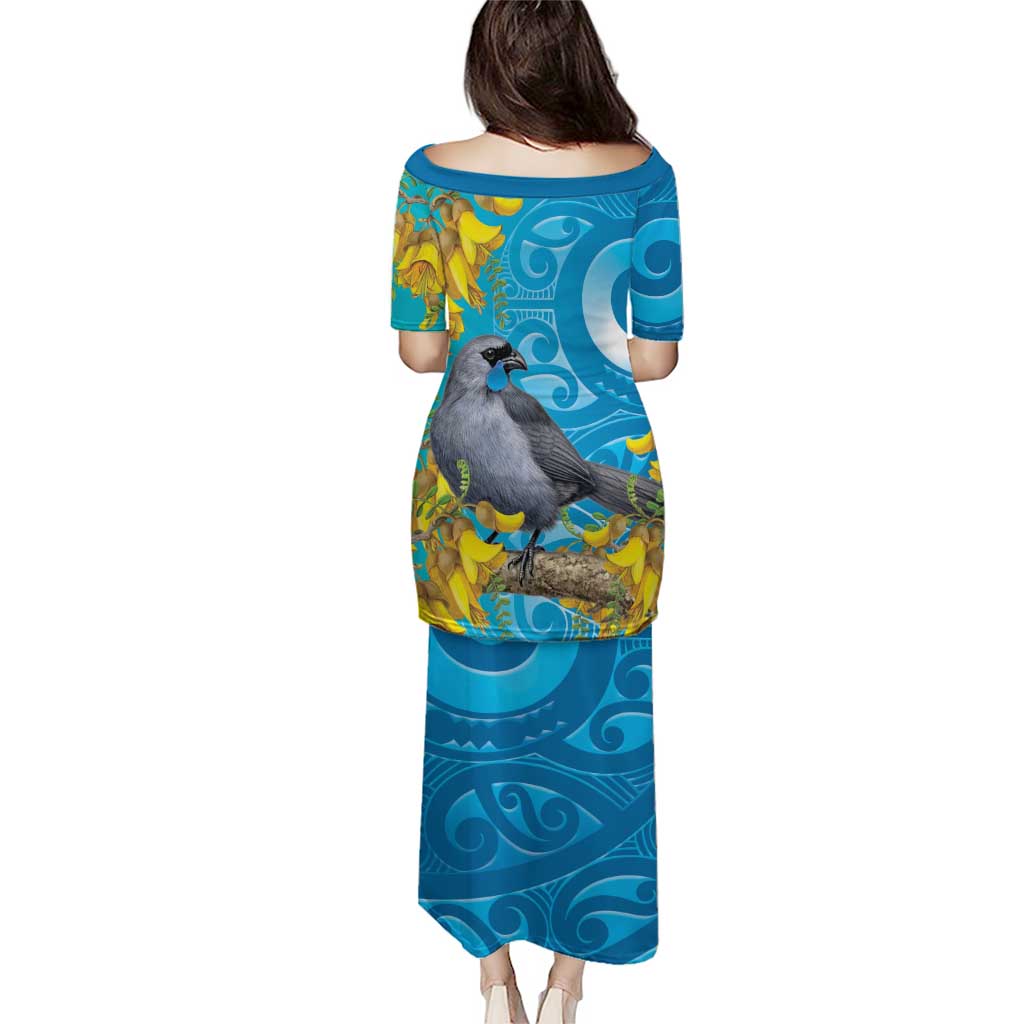 New Zealand Kokako Bird Family Matching Puletasi and Hawaiian Shirt Maori Koru With Kowhai Flowers LT05 - Polynesian Pride