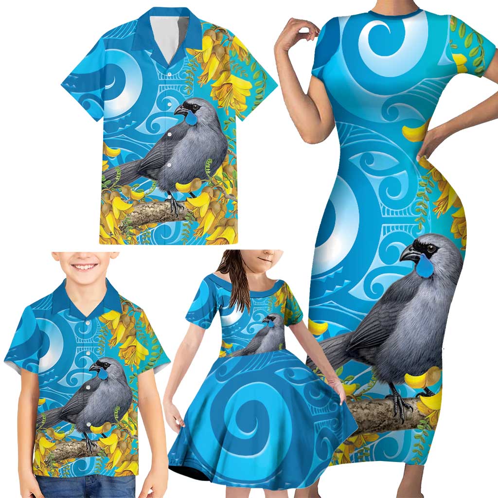 New Zealand Kokako Bird Family Matching Short Sleeve Bodycon Dress and Hawaiian Shirt Maori Koru With Kowhai Flowers LT05 - Polynesian Pride