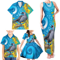 New Zealand Kokako Bird Family Matching Tank Maxi Dress and Hawaiian Shirt Maori Koru With Kowhai Flowers LT05 - Polynesian Pride
