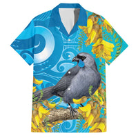 New Zealand Kokako Bird Family Matching Tank Maxi Dress and Hawaiian Shirt Maori Koru With Kowhai Flowers LT05 Dad's Shirt - Short Sleeve Aqua - Polynesian Pride