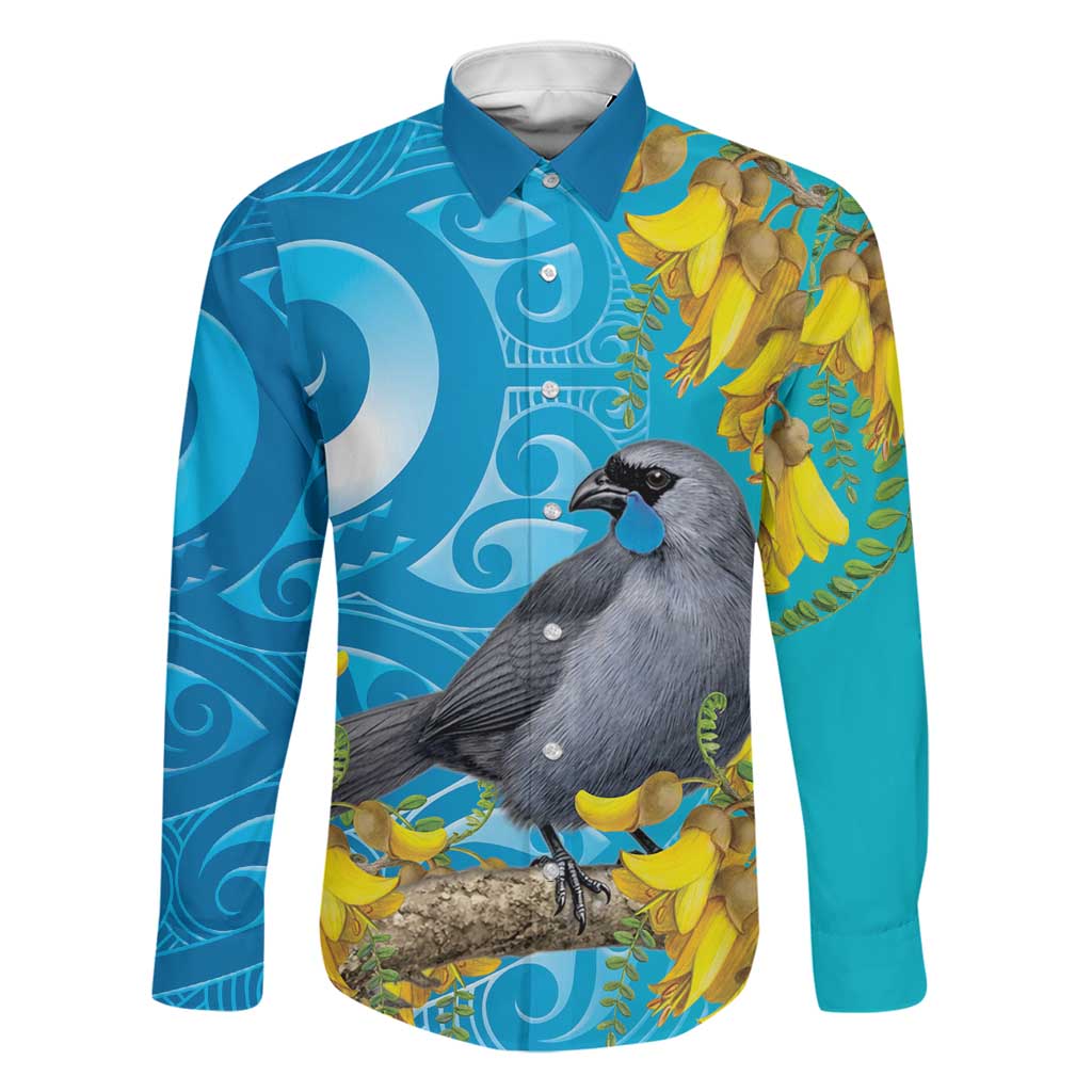 New Zealand Kokako Bird Family Matching Tank Maxi Dress and Hawaiian Shirt Maori Koru With Kowhai Flowers LT05 Dad's Shirt - Long Sleeve Aqua - Polynesian Pride