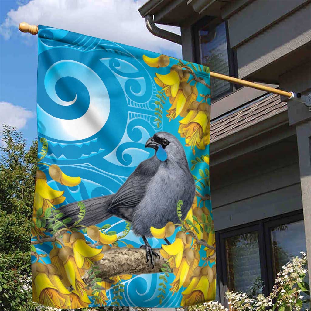 New Zealand Kokako Bird Garden Flag Maori Koru With Kowhai Flowers - Polynesian Pride