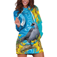 New Zealand Kokako Bird Hoodie Dress Maori Koru With Kowhai Flowers LT05 Aqua - Polynesian Pride