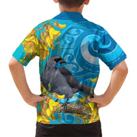New Zealand Kokako Bird Kid Hawaiian Shirt Maori Koru With Kowhai Flowers LT05 - Polynesian Pride