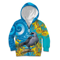 New Zealand Kokako Bird Kid Hoodie Maori Koru With Kowhai Flowers LT05 Zip Hoodie Aqua - Polynesian Pride