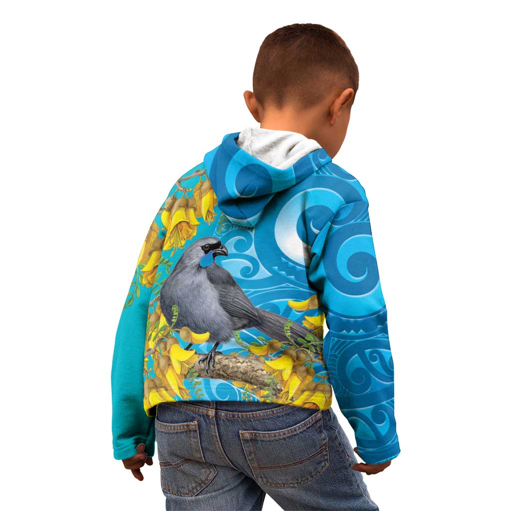 New Zealand Kokako Bird Kid Hoodie Maori Koru With Kowhai Flowers LT05 - Polynesian Pride