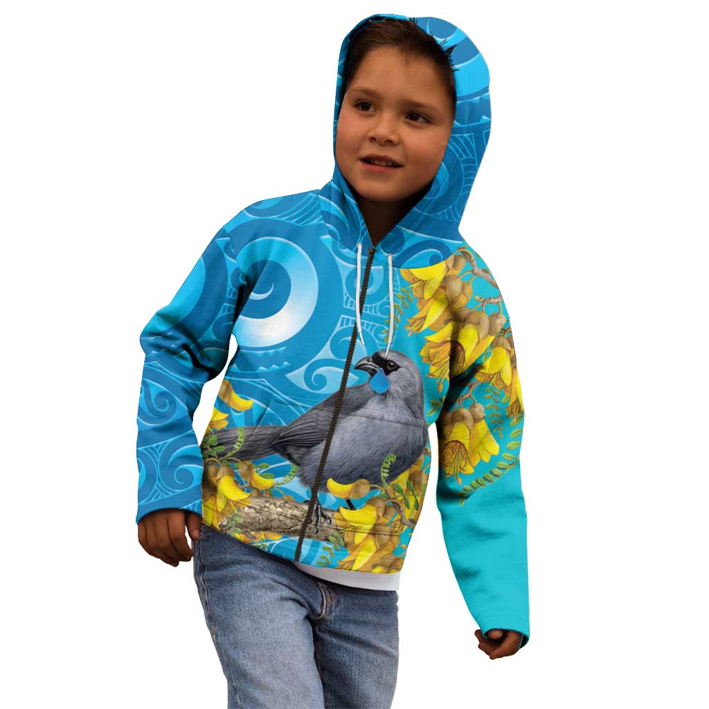 New Zealand Kokako Bird Kid Hoodie Maori Koru With Kowhai Flowers LT05 - Polynesian Pride