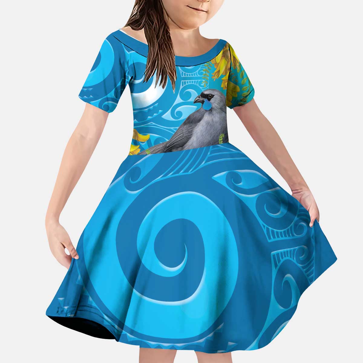 New Zealand Kokako Bird Kid Short Sleeve Dress Maori Koru With Kowhai Flowers LT05 KID Aqua - Polynesian Pride