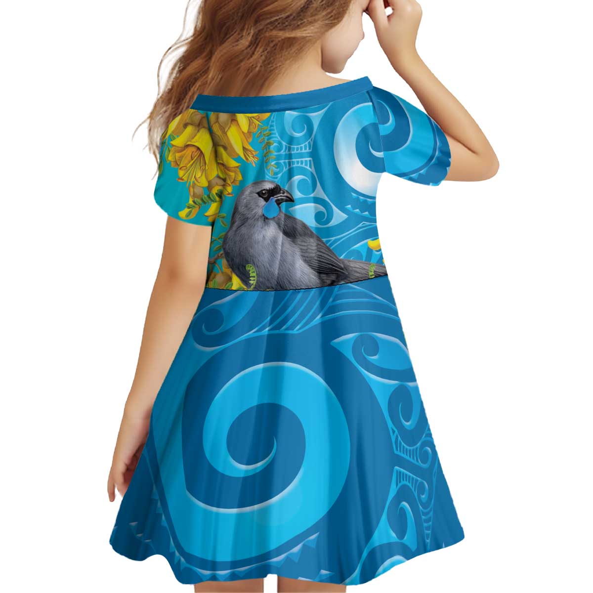 New Zealand Kokako Bird Kid Short Sleeve Dress Maori Koru With Kowhai Flowers LT05 - Polynesian Pride