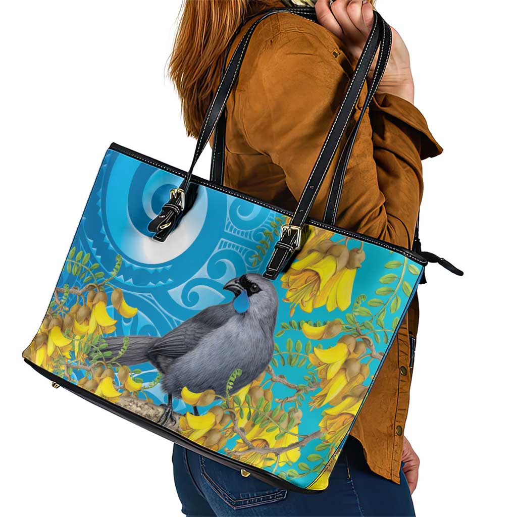 New Zealand Kokako Bird Leather Tote Bag Maori Koru With Kowhai Flowers - Polynesian Pride