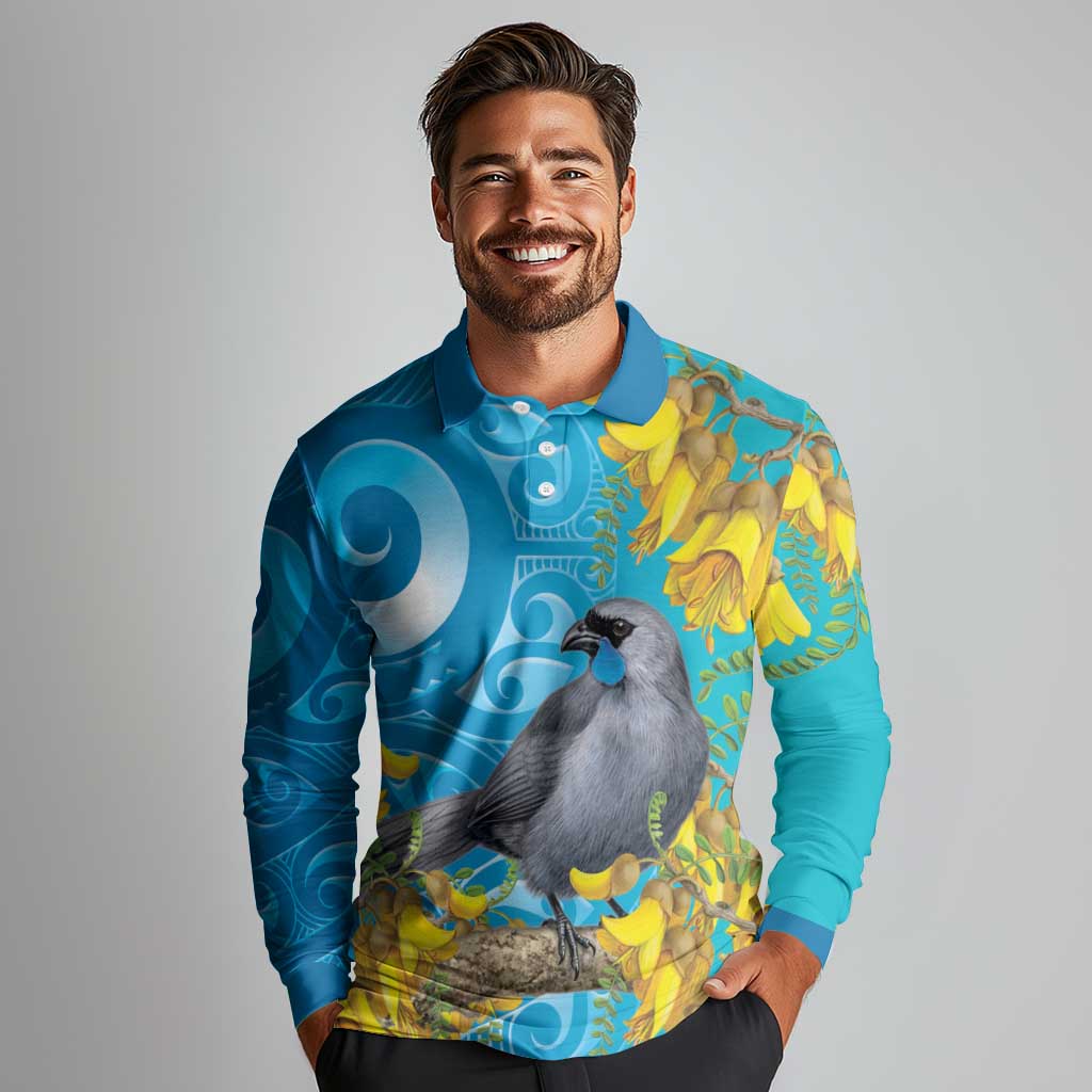 New Zealand Kokako Bird Long Sleeve Polo Shirt Maori Koru With Kowhai Flowers LT05 - Polynesian Pride
