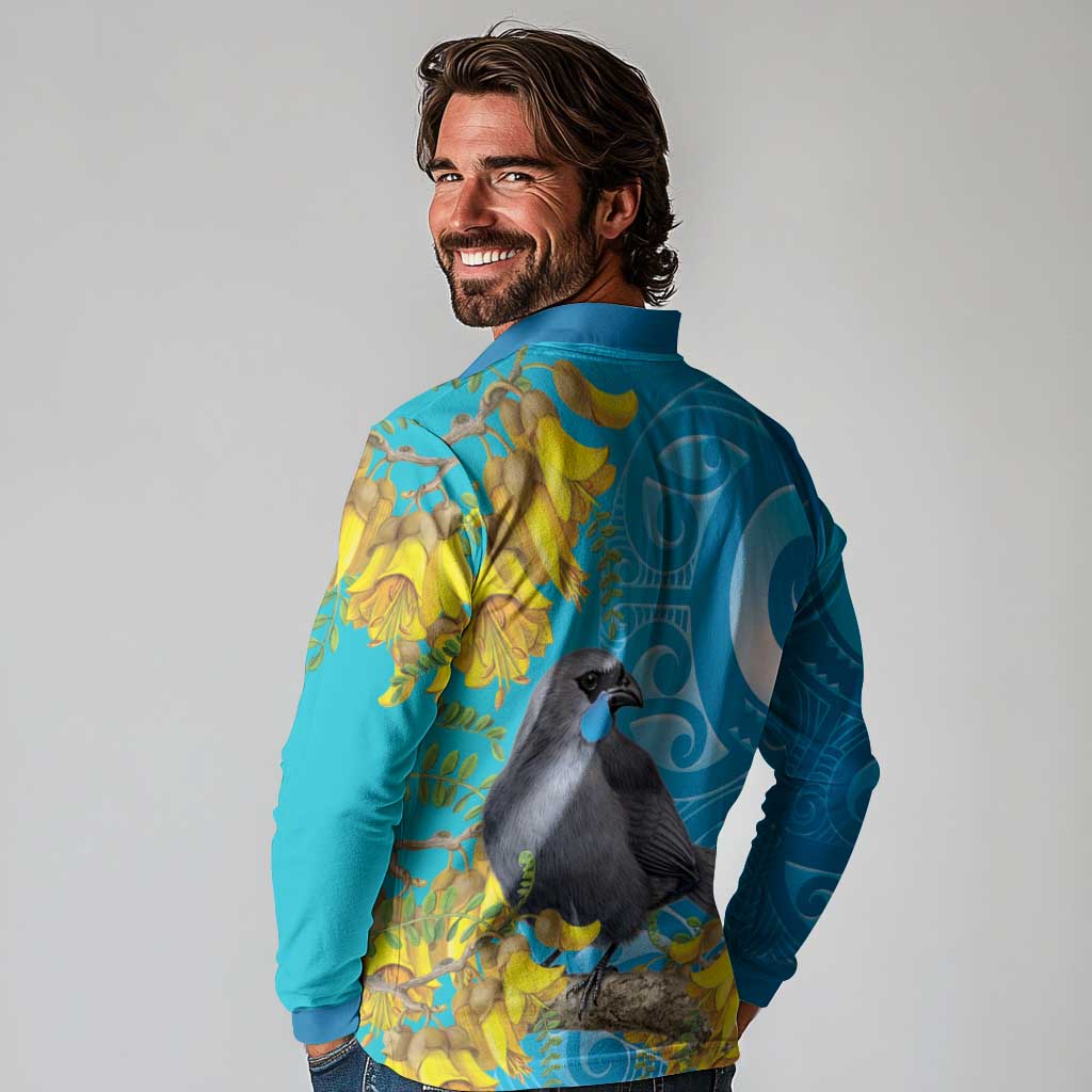 New Zealand Kokako Bird Long Sleeve Polo Shirt Maori Koru With Kowhai Flowers LT05 - Polynesian Pride