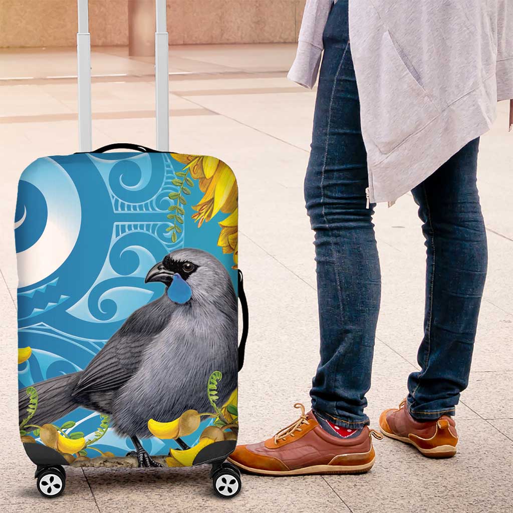 New Zealand Kokako Bird Luggage Cover Maori Koru With Kowhai Flowers LT05 Aqua - Polynesian Pride