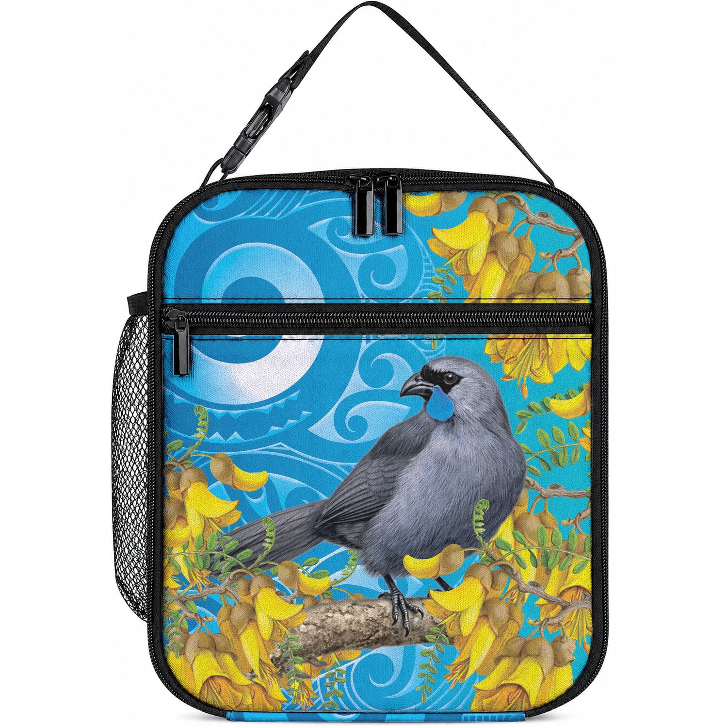 New Zealand Kokako Bird Lunch Bag Maori Koru With Kowhai Flowers LT05 10.2 × 8.3 × 4.3 inch Aqua - Polynesian Pride