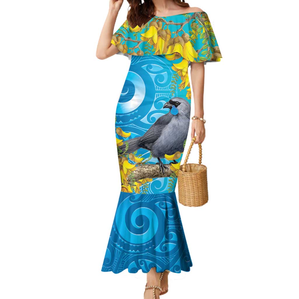 New Zealand Kokako Bird Mermaid Dress Maori Koru With Kowhai Flowers LT05 Women Aqua - Polynesian Pride