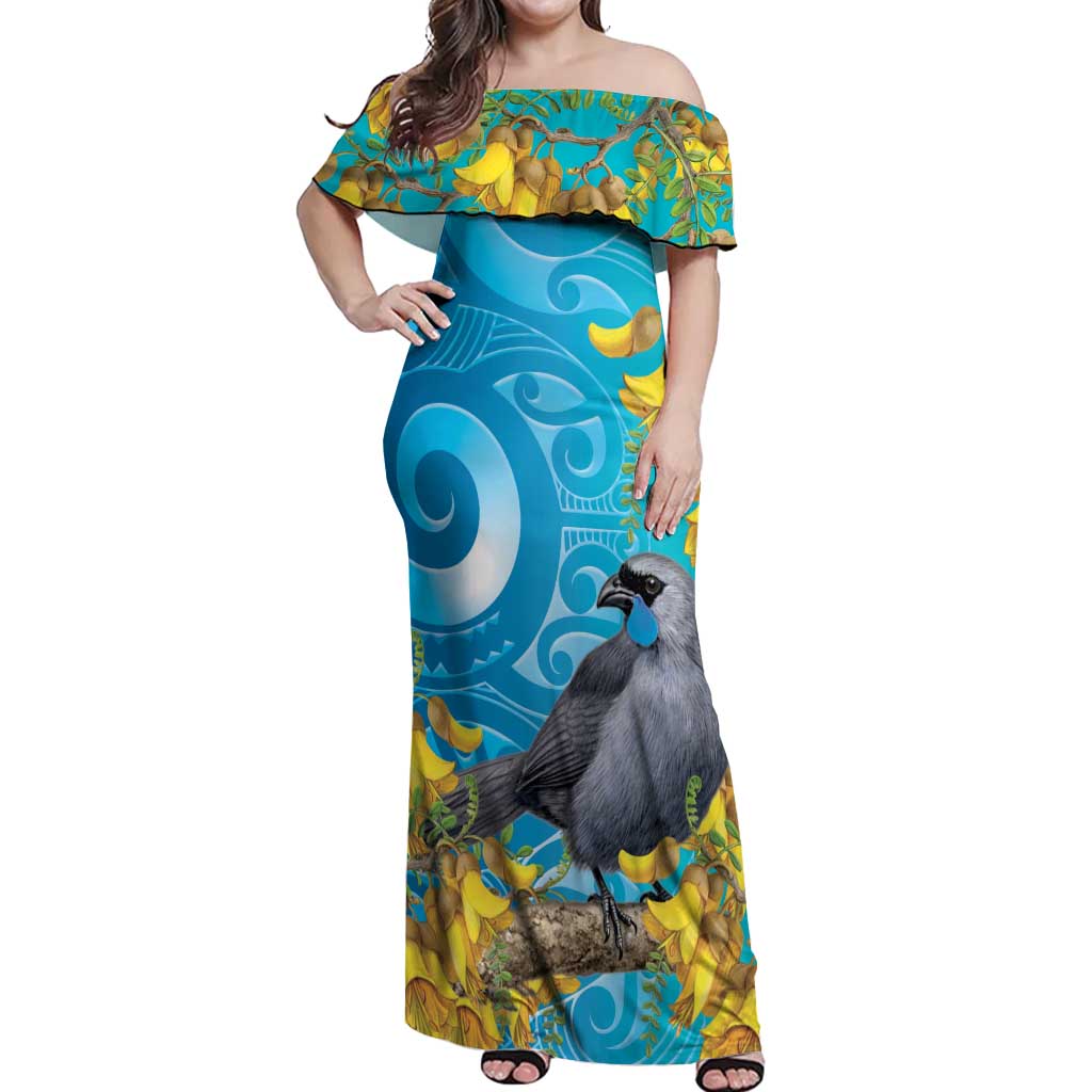 New Zealand Kokako Bird Off Shoulder Maxi Dress Maori Koru With Kowhai Flowers - Polynesian Pride