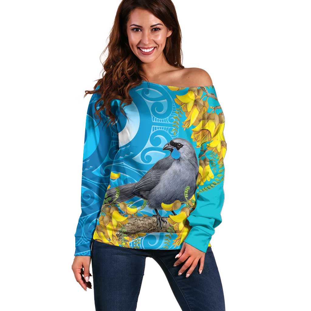 New Zealand Kokako Bird Off Shoulder Sweater Maori Koru With Kowhai Flowers - Polynesian Pride