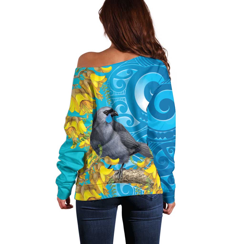 New Zealand Kokako Bird Off Shoulder Sweater Maori Koru With Kowhai Flowers - Polynesian Pride