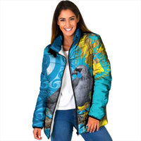 New Zealand Kokako Bird Padded Jacket Maori Koru With Kowhai Flowers - Polynesian Pride