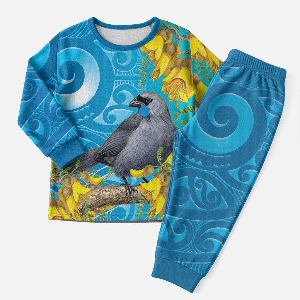 New Zealand Kokako Bird Christmas Pajama Set Maori Koru With Kowhai Flowers LT05 Men Aqua - Polynesian Pride