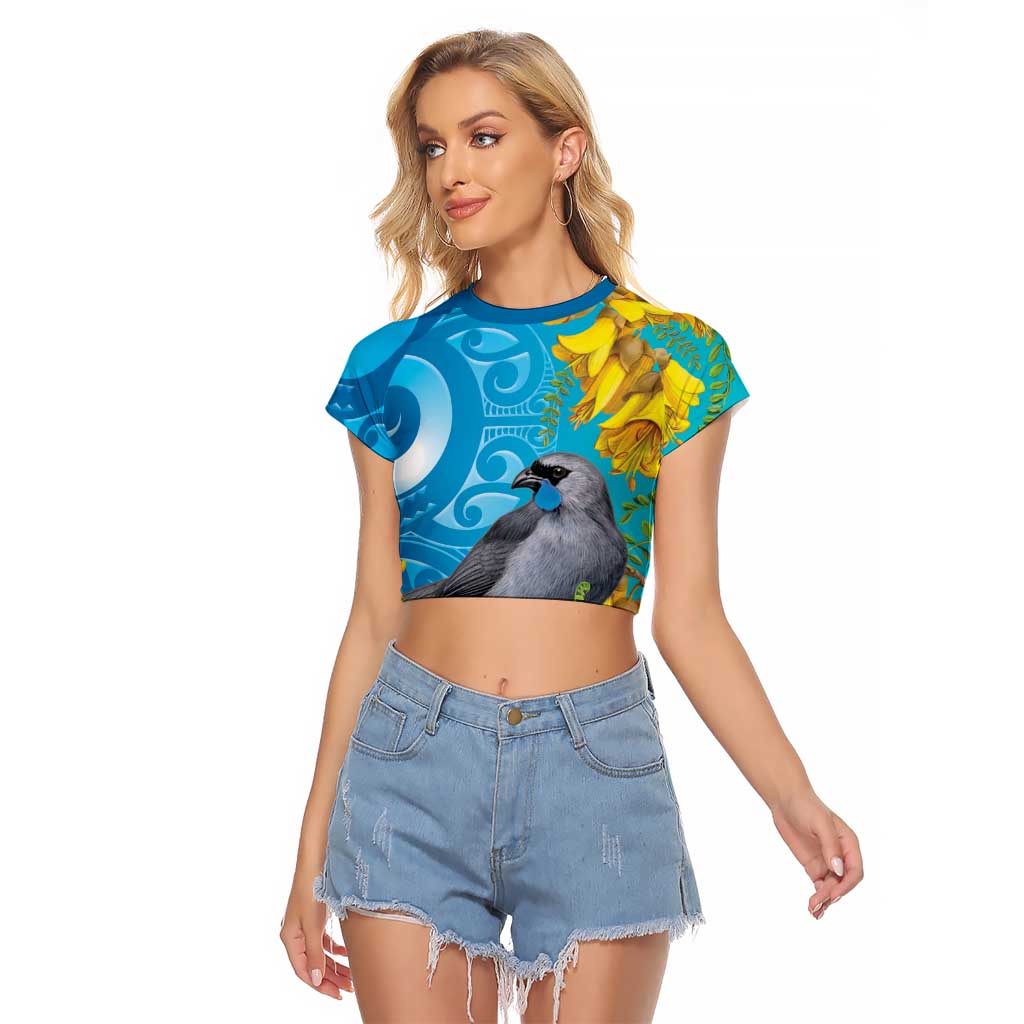 New Zealand Kokako Bird Raglan Cropped T Shirt Maori Koru With Kowhai Flowers LT05 Female Aqua - Polynesian Pride