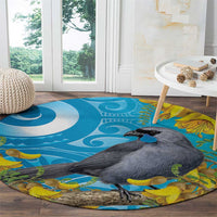 New Zealand Kokako Bird Round Carpet Maori Koru With Kowhai Flowers - Polynesian Pride