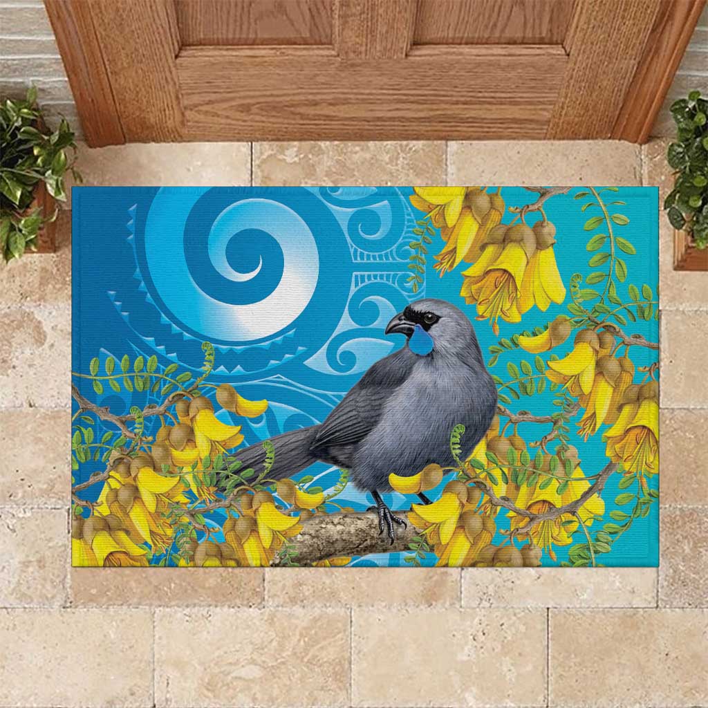 New Zealand Kokako Bird Rubber Doormat Maori Koru With Kowhai Flowers - Polynesian Pride