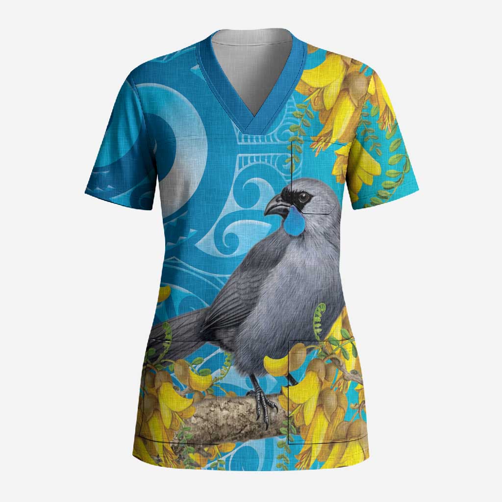New Zealand Kokako Bird Scrub Top Maori Koru With Kowhai Flowers - Polynesian Pride