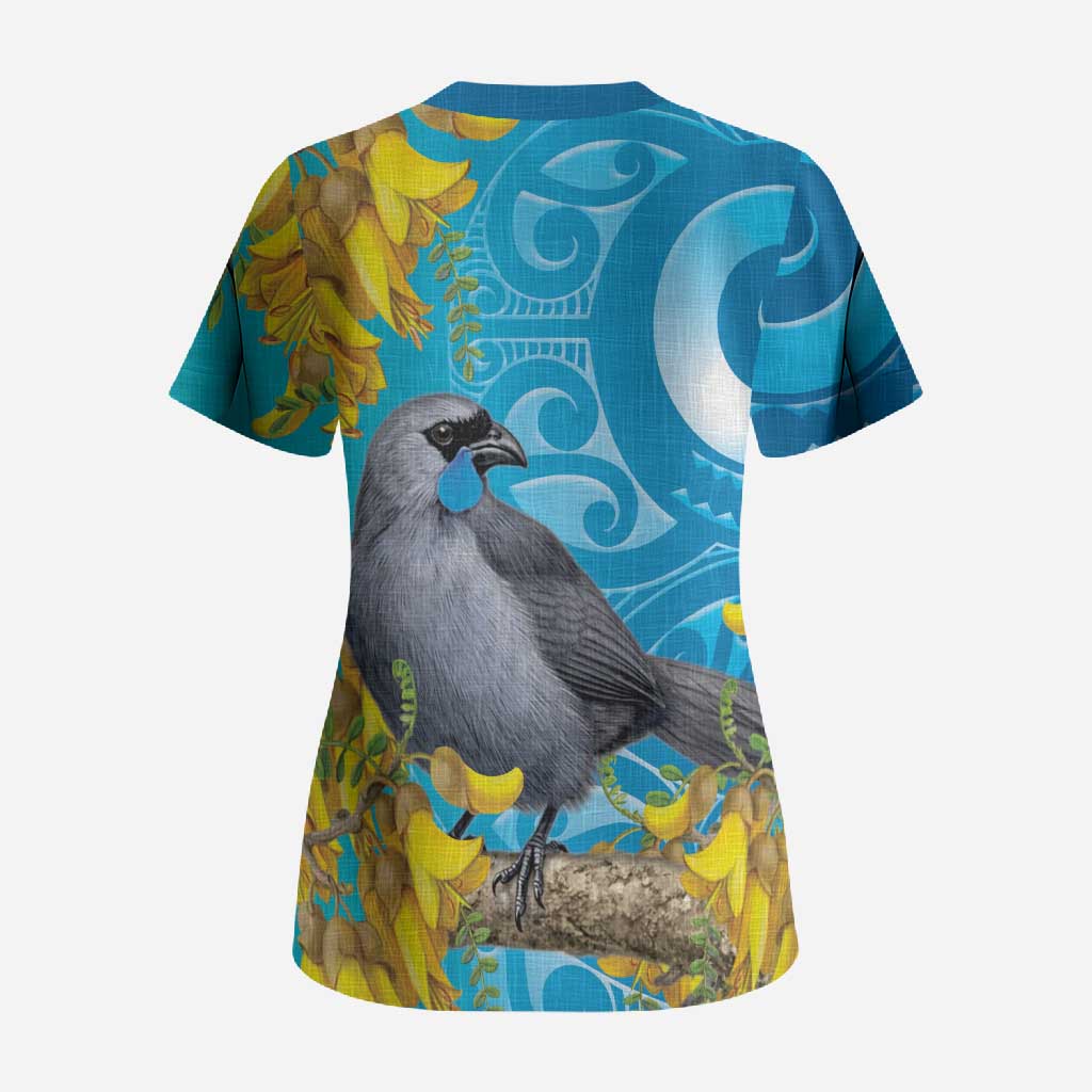 New Zealand Kokako Bird Scrub Top Maori Koru With Kowhai Flowers - Polynesian Pride