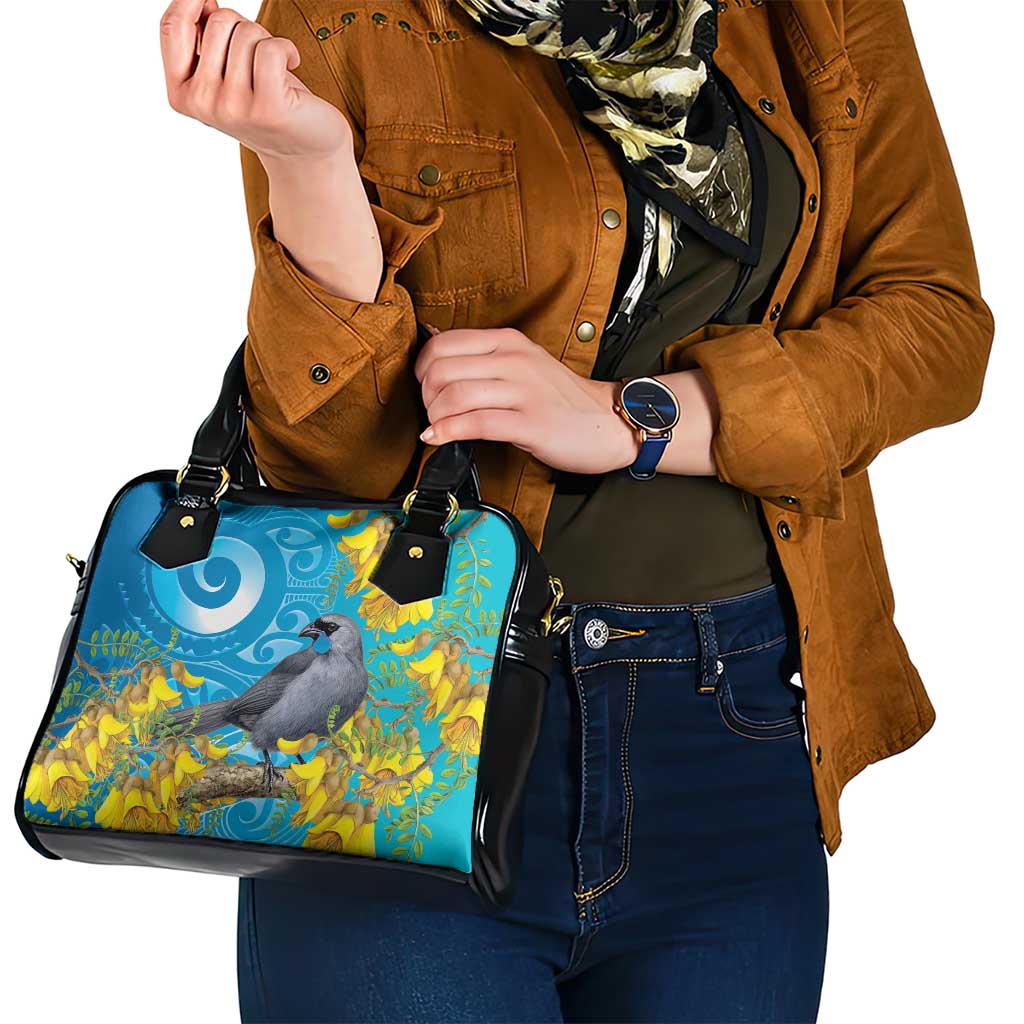 New Zealand Kokako Bird Shoulder Handbag Maori Koru With Kowhai Flowers - Polynesian Pride