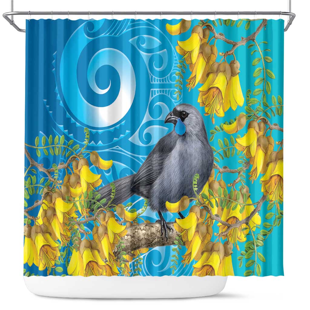 New Zealand Kokako Bird Shower Curtain Maori Koru With Kowhai Flowers - Polynesian Pride
