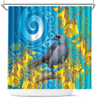 New Zealand Kokako Bird Shower Curtain Maori Koru With Kowhai Flowers - Polynesian Pride