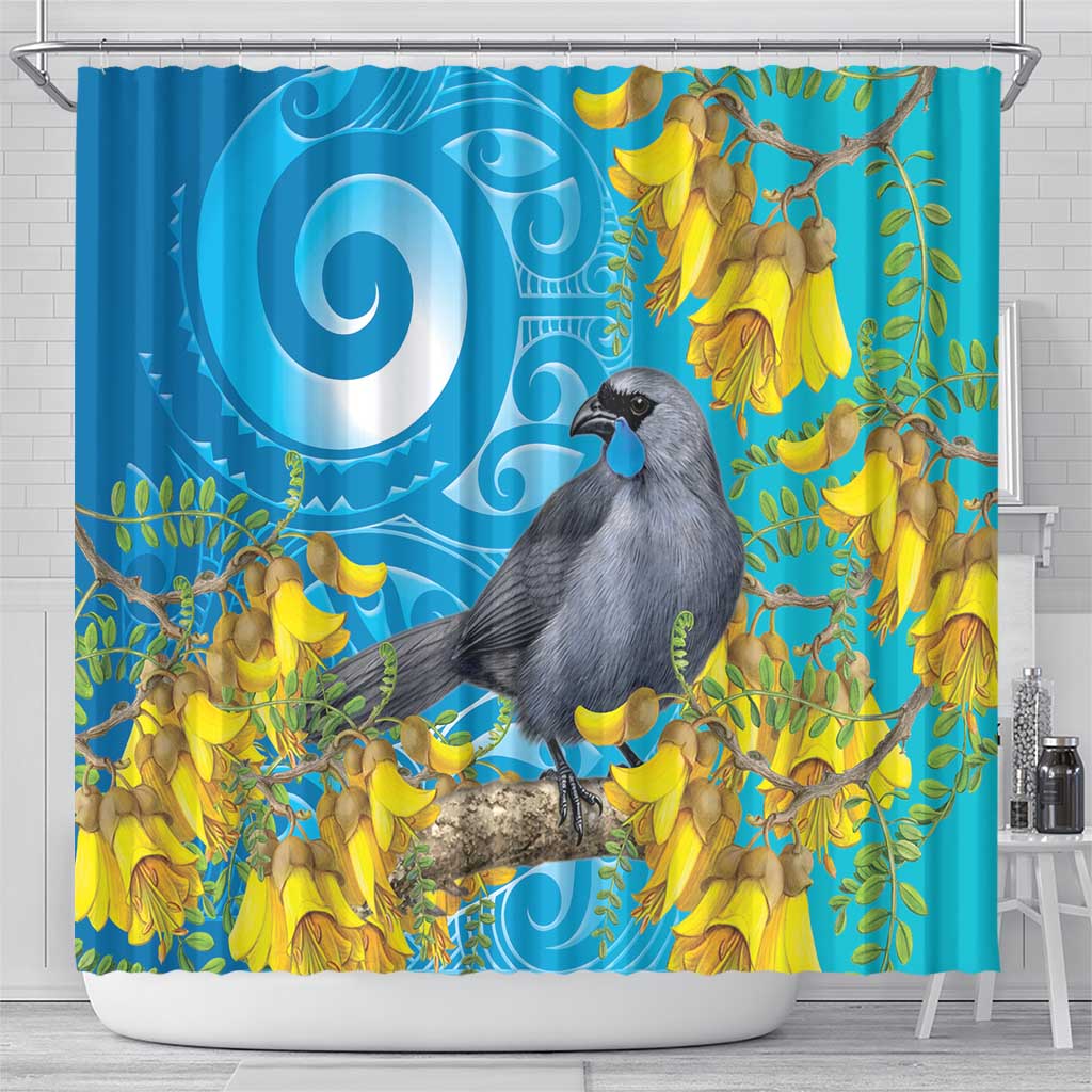New Zealand Kokako Bird Shower Curtain Maori Koru With Kowhai Flowers - Polynesian Pride