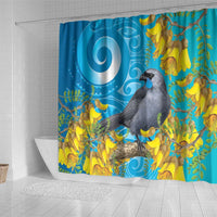 New Zealand Kokako Bird Shower Curtain Maori Koru With Kowhai Flowers - Polynesian Pride