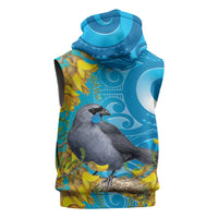 New Zealand Kokako Bird Sleeveless Hoodie Maori Koru With Kowhai Flowers LT05 - Polynesian Pride