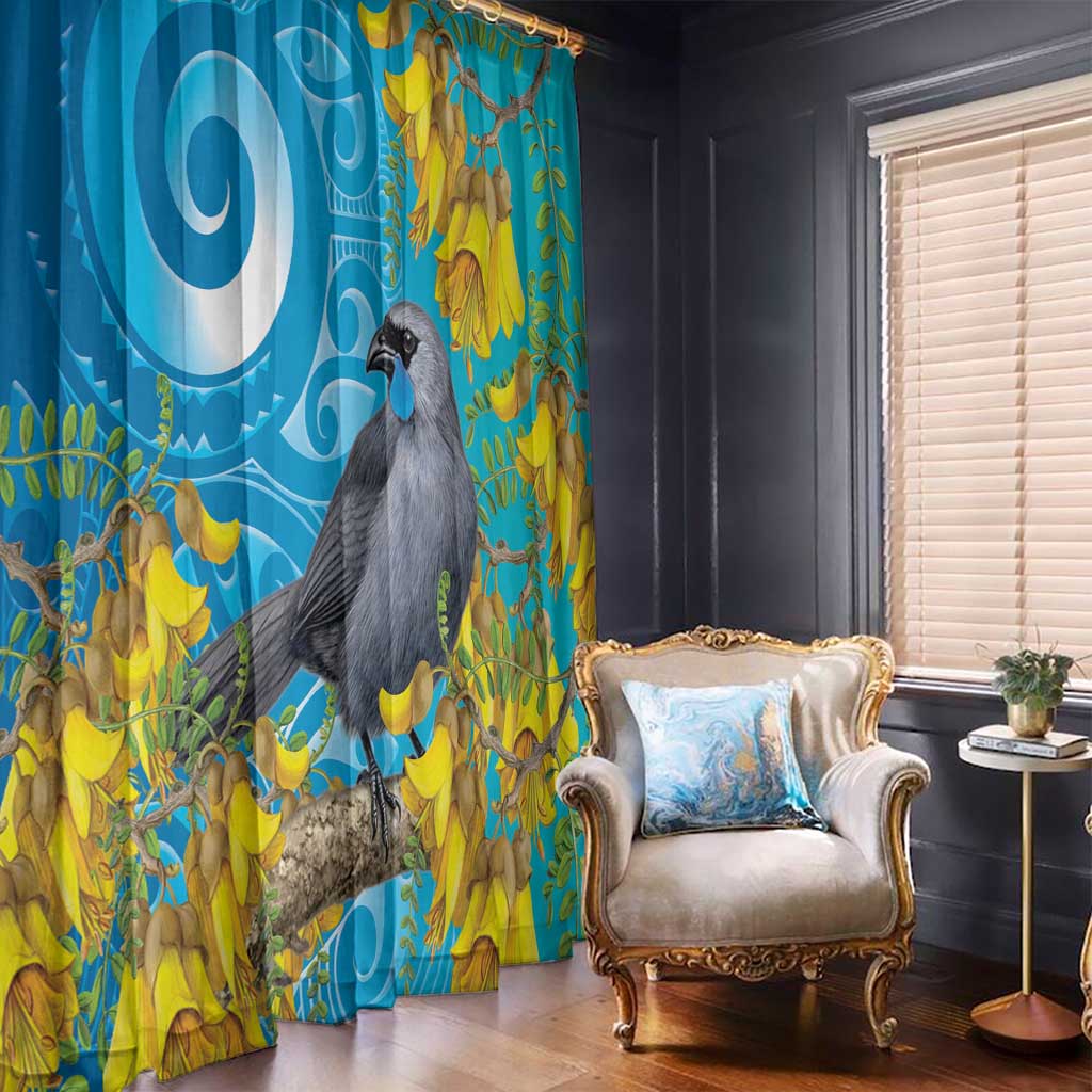 New Zealand Kokako Bird Window Curtain Maori Koru With Kowhai Flowers - Polynesian Pride