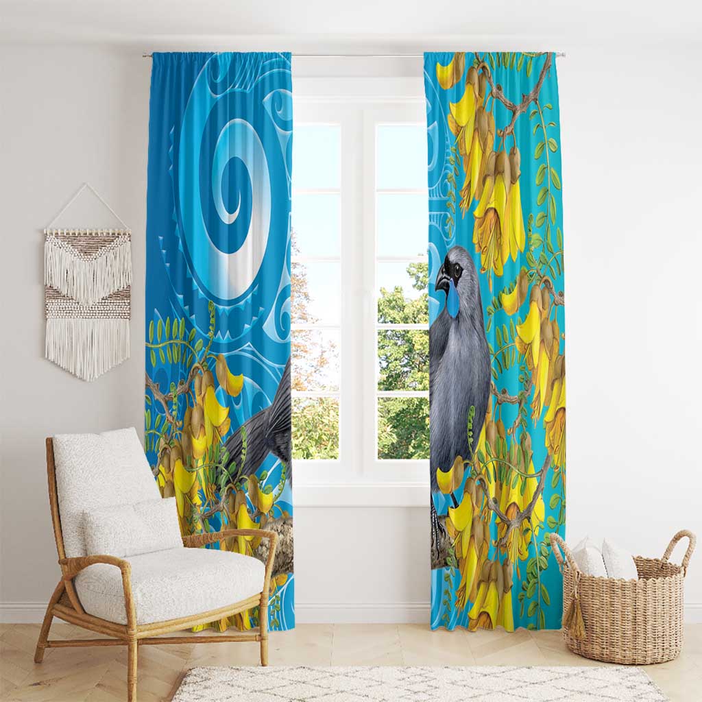 New Zealand Kokako Bird Window Curtain Maori Koru With Kowhai Flowers - Polynesian Pride