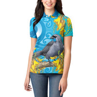 New Zealand Kokako Bird Women Polo Shirt Maori Koru With Kowhai Flowers LT05 - Polynesian Pride