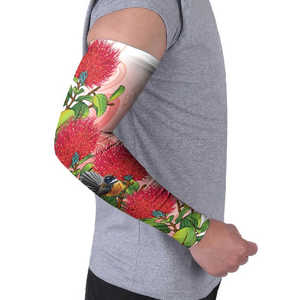 New Zealand Fantail Arm Sleeves Maori Koru With Pohutukawa Flowers - Polynesian Pride