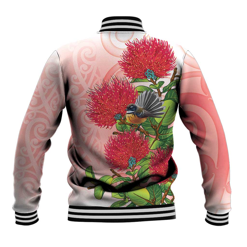 New Zealand Fantail Baseball Jacket Maori Koru With Pohutukawa Flowers - Polynesian Pride