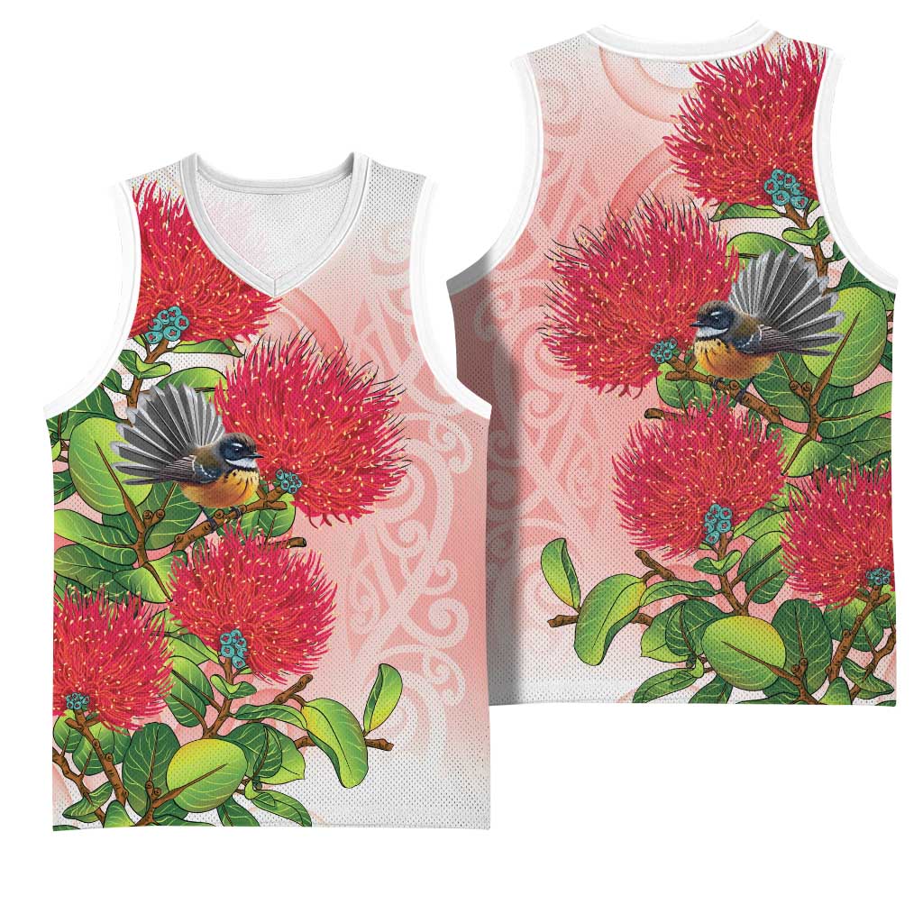 New Zealand Fantail Basketball Jersey Maori Koru With Pohutukawa Flowers LT05 - Polynesian Pride
