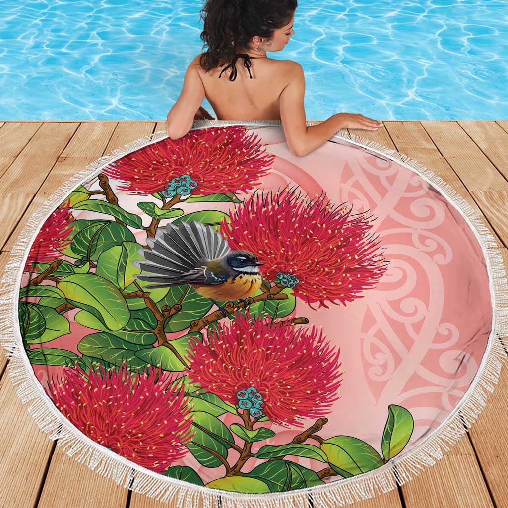 New Zealand Fantail Beach Blanket Maori Koru With Pohutukawa Flowers - Polynesian Pride