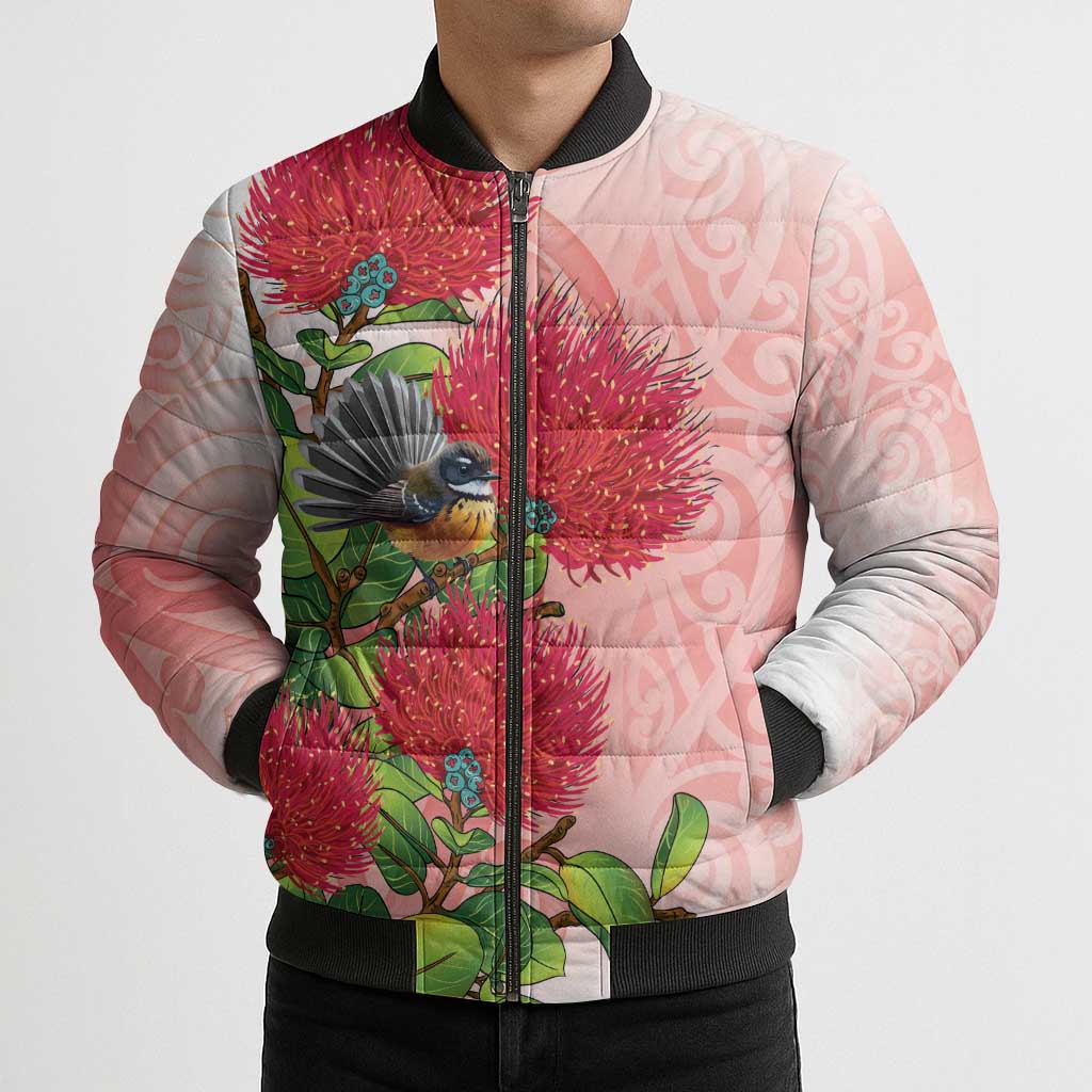 New Zealand Fantail Bomber Puffer Jacket Maori Koru With Pohutukawa Flowers - Polynesian Pride
