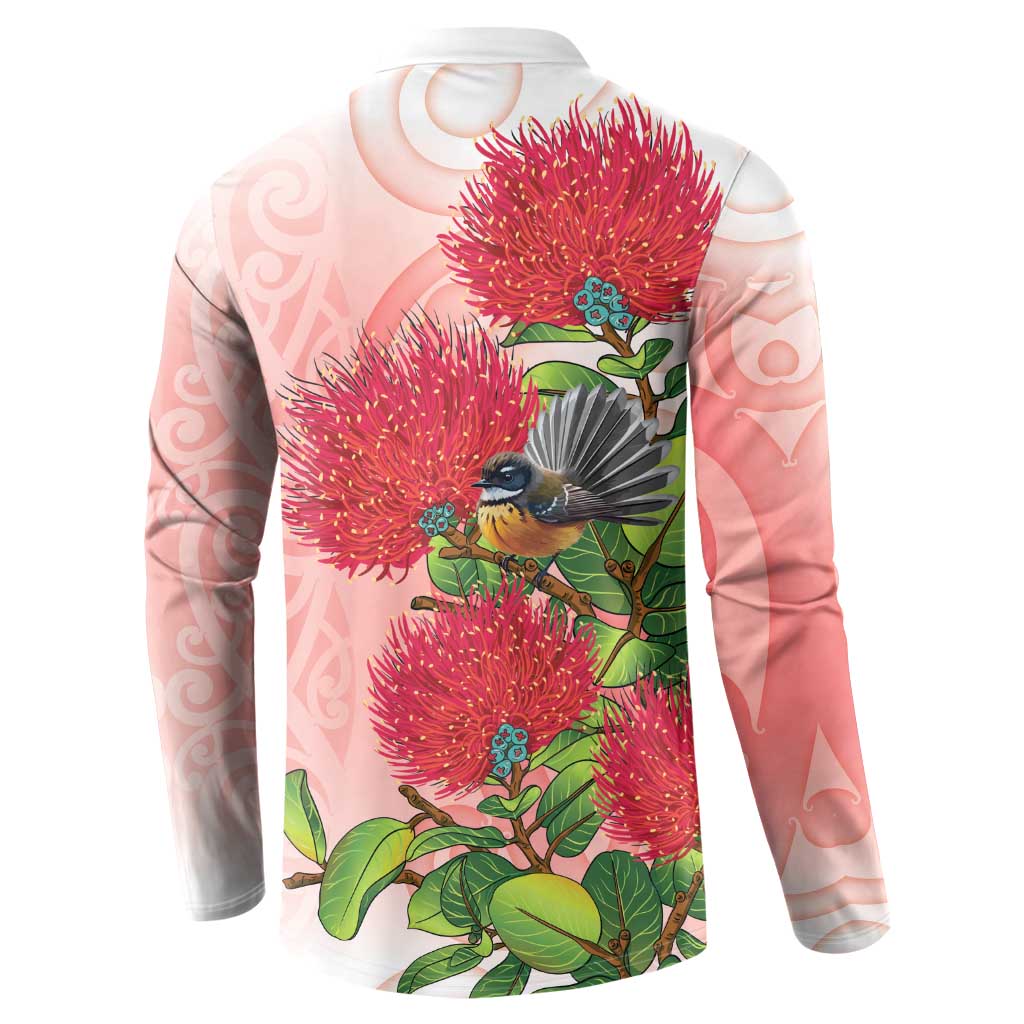 New Zealand Fantail Button Sweatshirt Maori Koru With Pohutukawa Flowers - Polynesian Pride