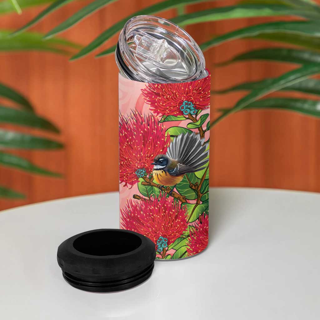 New Zealand Fantail 4 in 1 Can Cooler Tumbler Maori Koru With Pohutukawa Flowers LT05 - Polynesian Pride