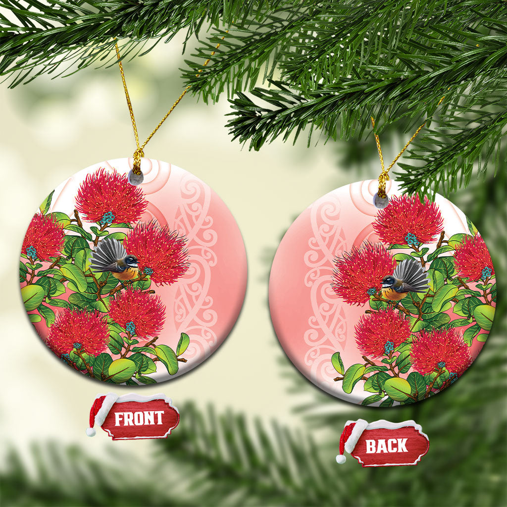 New Zealand Fantail Ceramic Ornament Maori Koru With Pohutukawa Flowers LT05 Circle Red - Polynesian Pride