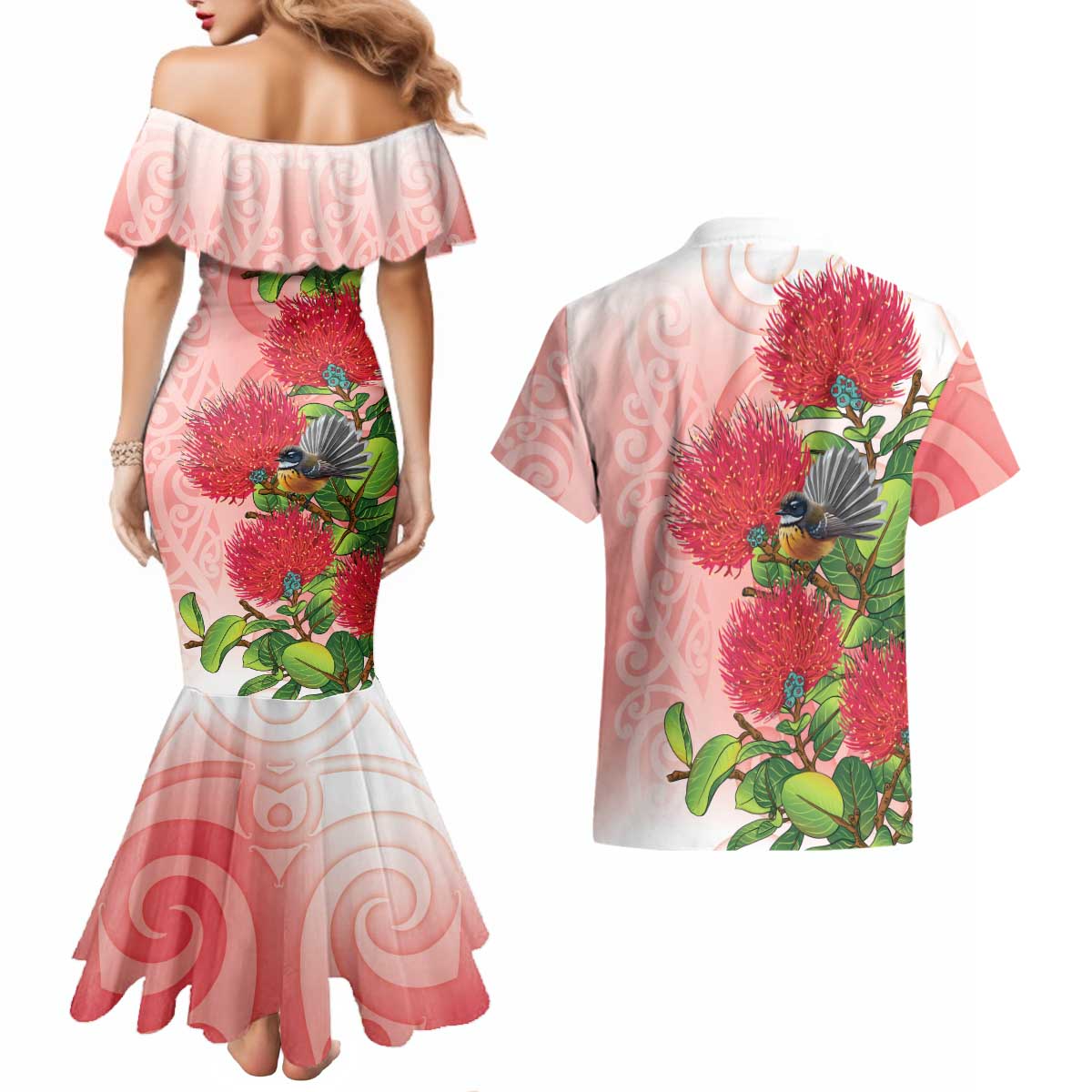 New Zealand Fantail Couples Matching Mermaid Dress and Hawaiian Shirt Maori Koru With Pohutukawa Flowers LT05 - Polynesian Pride