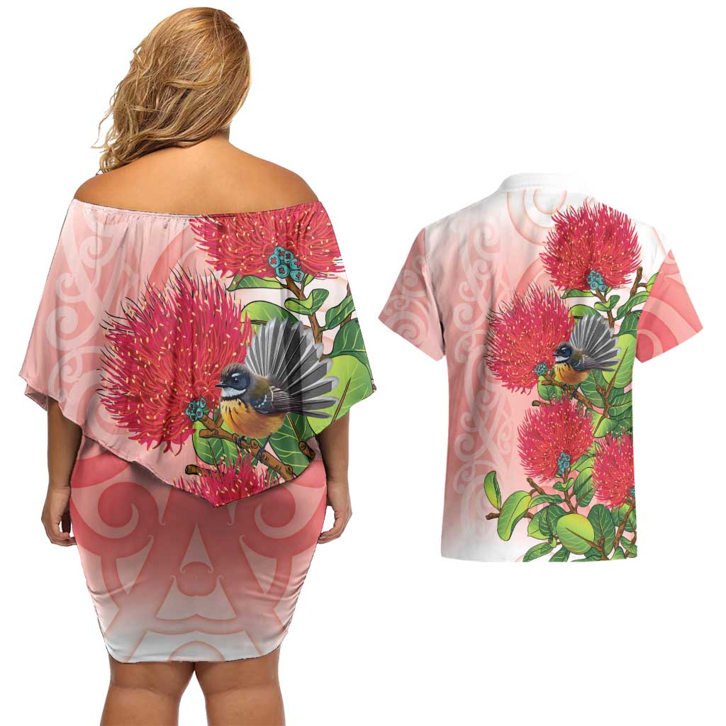 New Zealand Fantail Couples Matching Off Shoulder Short Dress and Hawaiian Shirt Maori Koru With Pohutukawa Flowers LT05 - Polynesian Pride