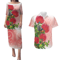 New Zealand Fantail Couples Matching Puletasi and Hawaiian Shirt Maori Koru With Pohutukawa Flowers LT05 Red - Polynesian Pride